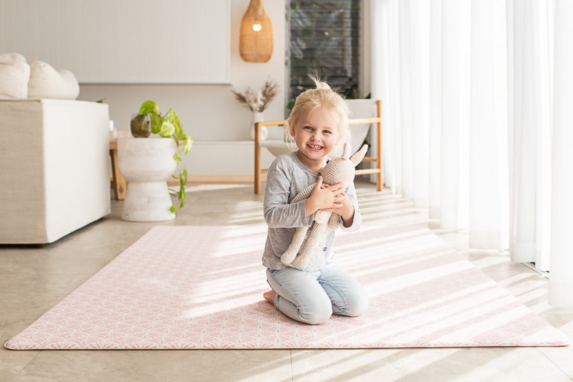 LARGE: Pink Scallops / Neutral Palm Leaf Play Mat