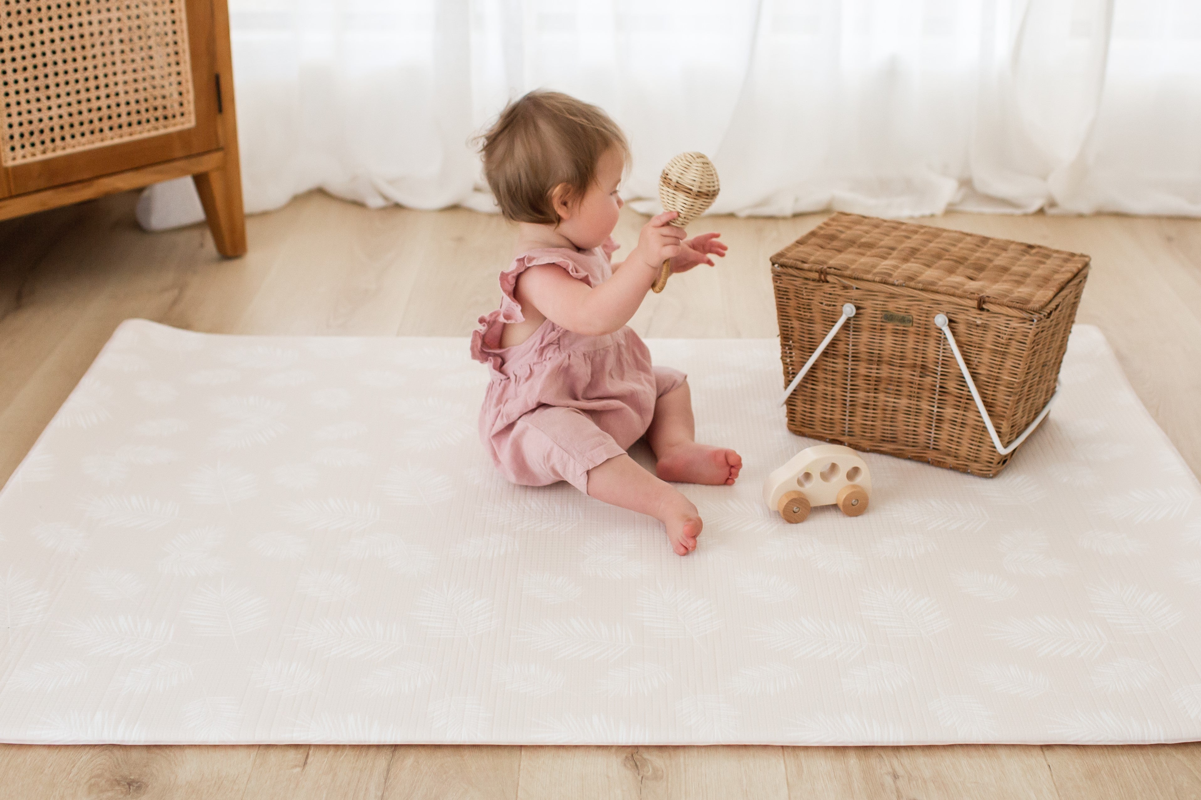 SMALL: Pink Scallops / Neutral Palm Leaf Play Mat