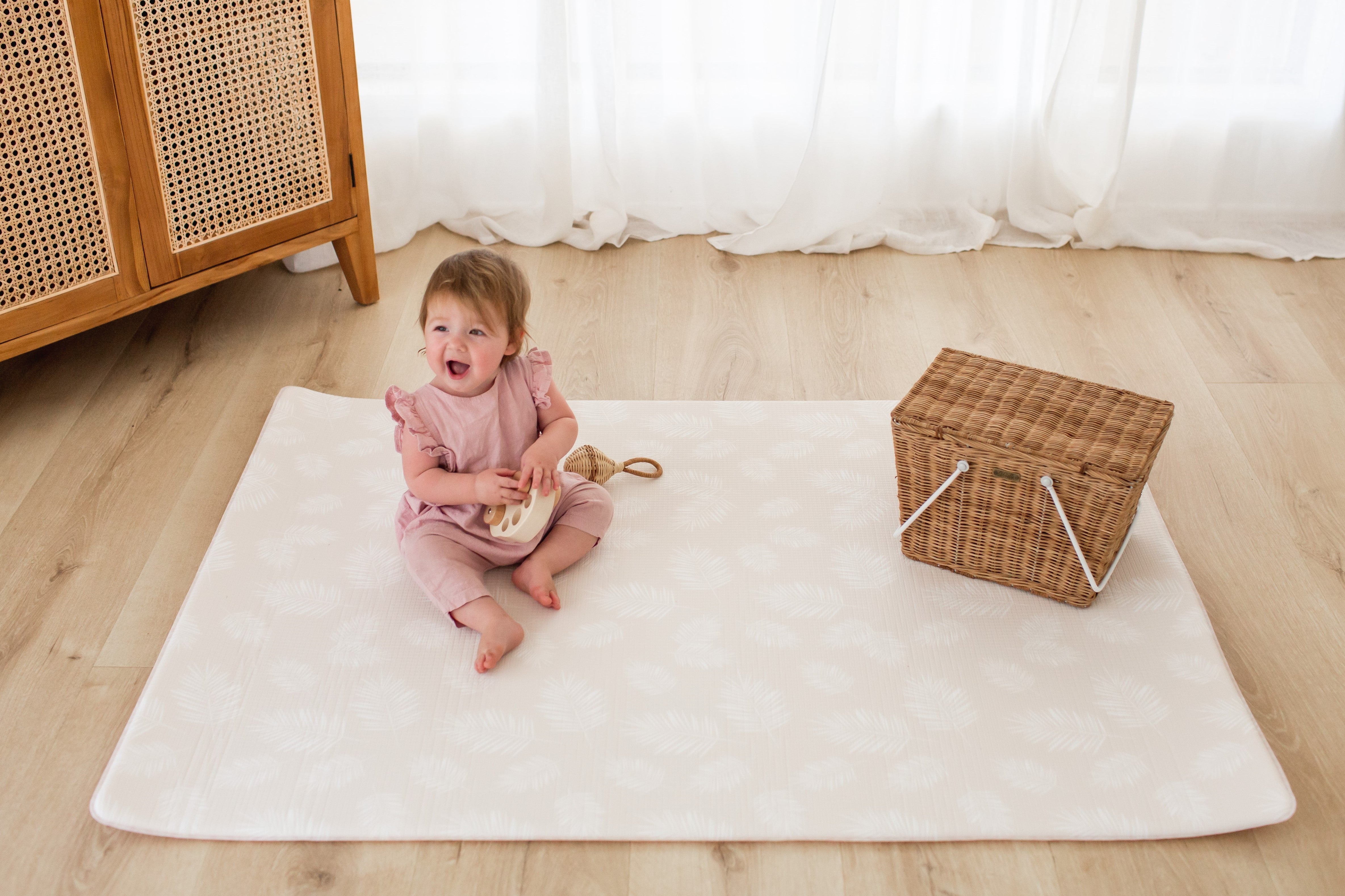 SMALL: Pink Scallops / Neutral Palm Leaf Play Mat