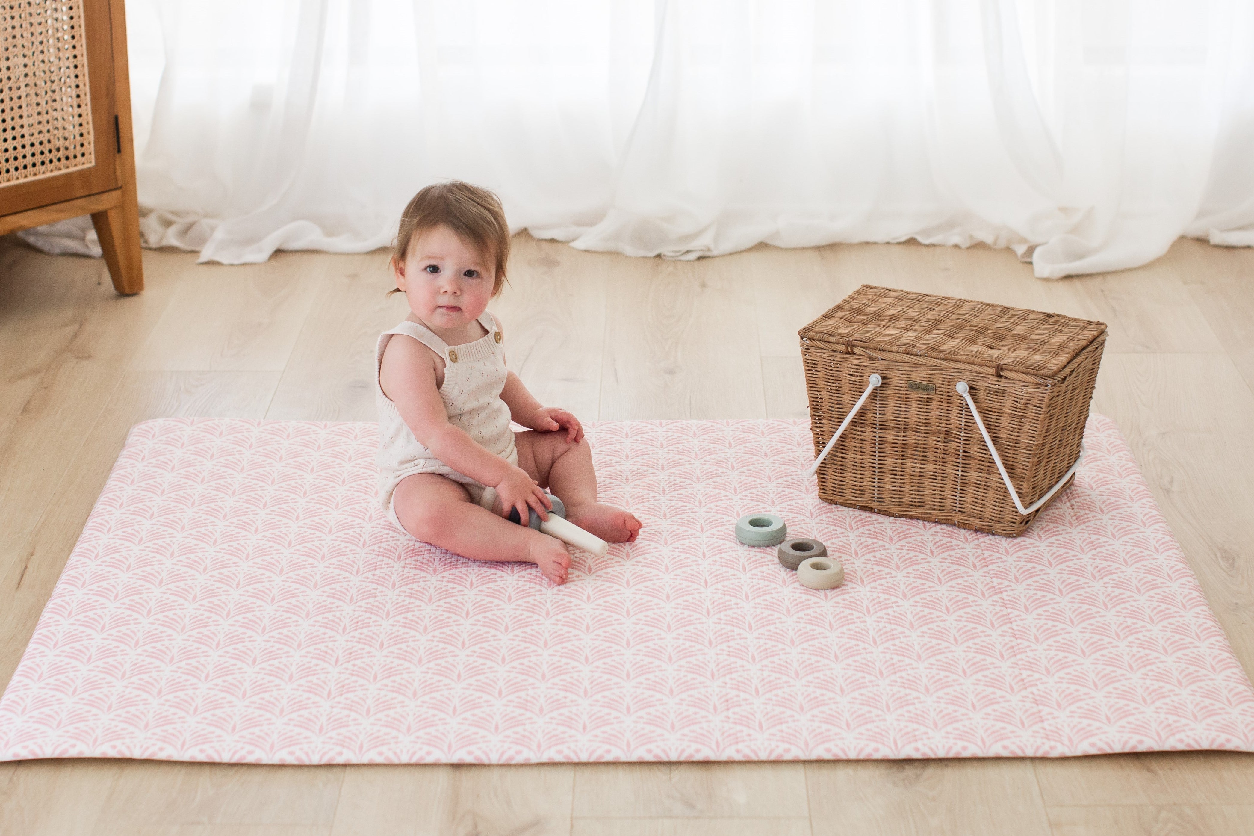 SMALL: Pink Scallops / Neutral Palm Leaf Play Mat