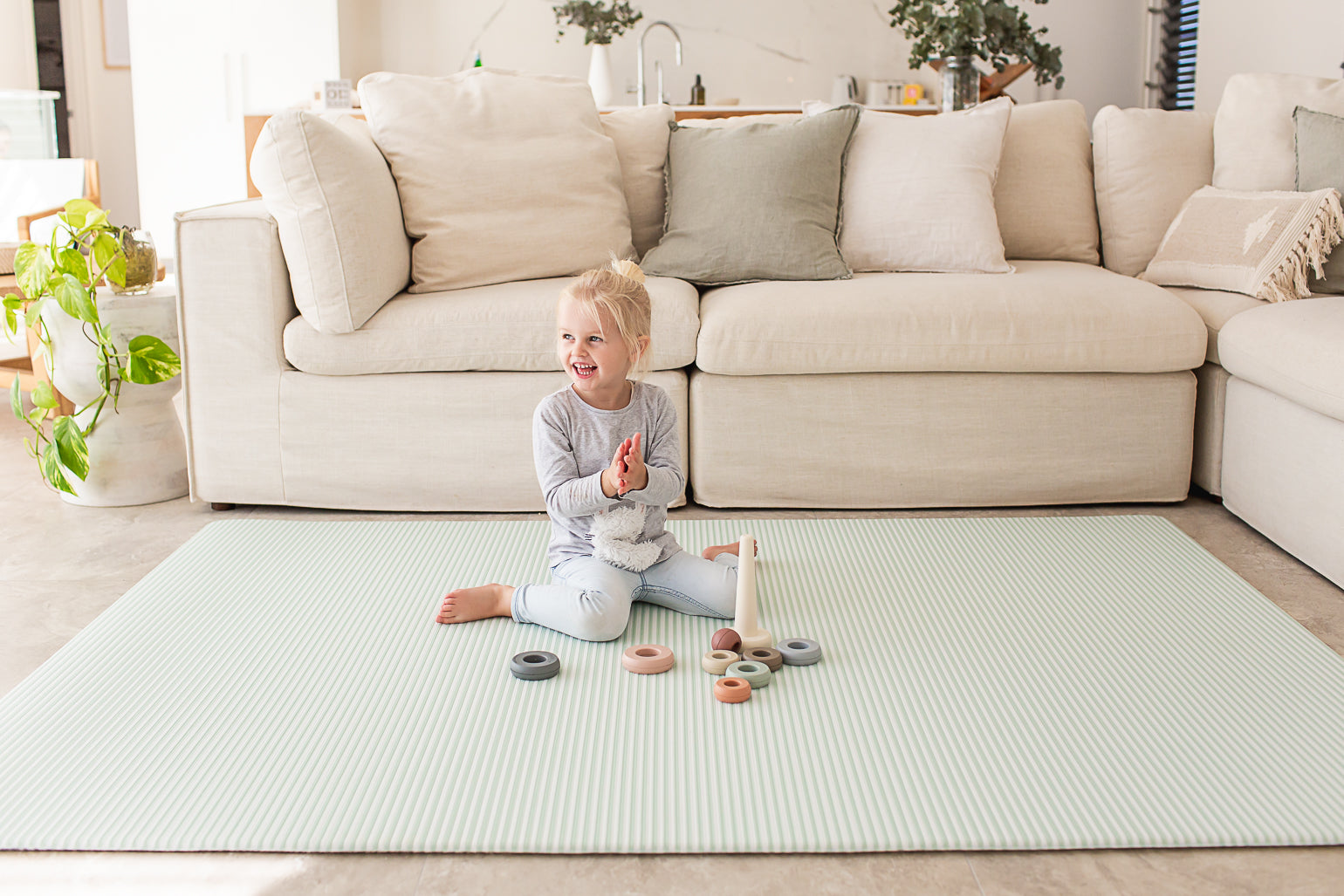 LARGE: Grey Petal / Mint Green Stripes Play Mat